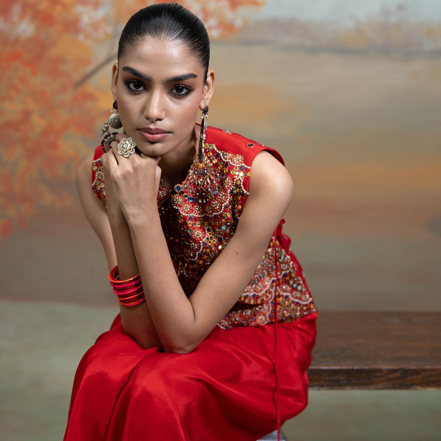 Red Zari Cutdana Pearl Work Silk Blend Drape Skirt Set  2 Pcs