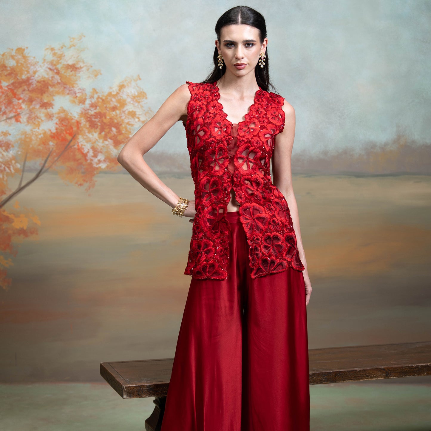 Maroon Sequin Cutdana Work Georgette Gharara Set 2 Pcs