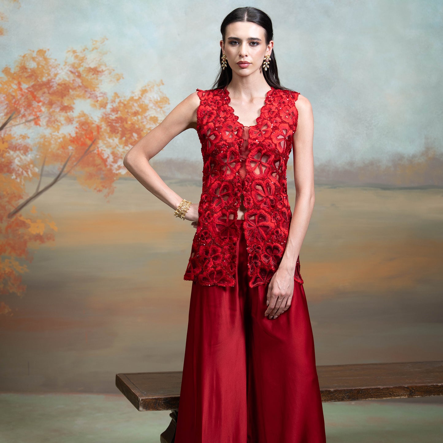 Maroon Sequin Cutdana Work Georgette Gharara Set 2 Pcs