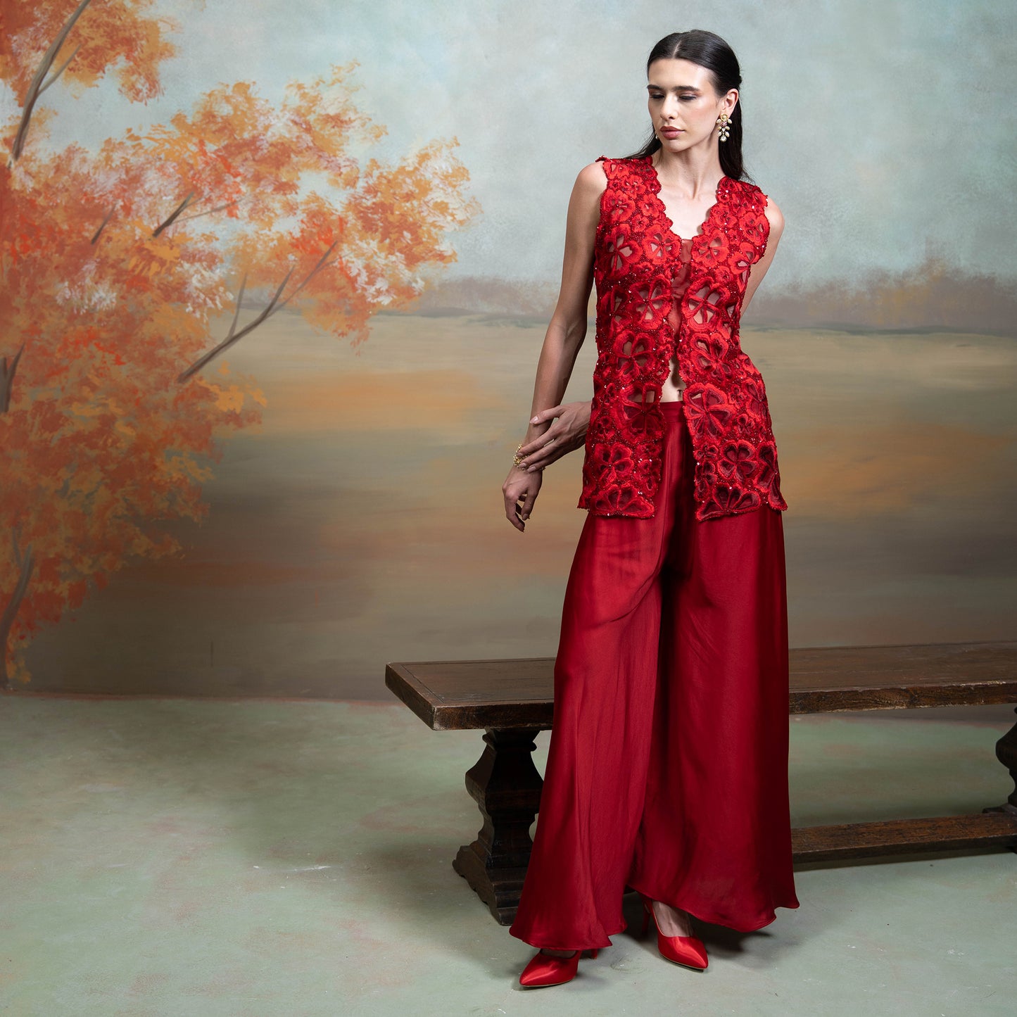 Maroon Sequin Cutdana Work Georgette Gharara Set 2 Pcs
