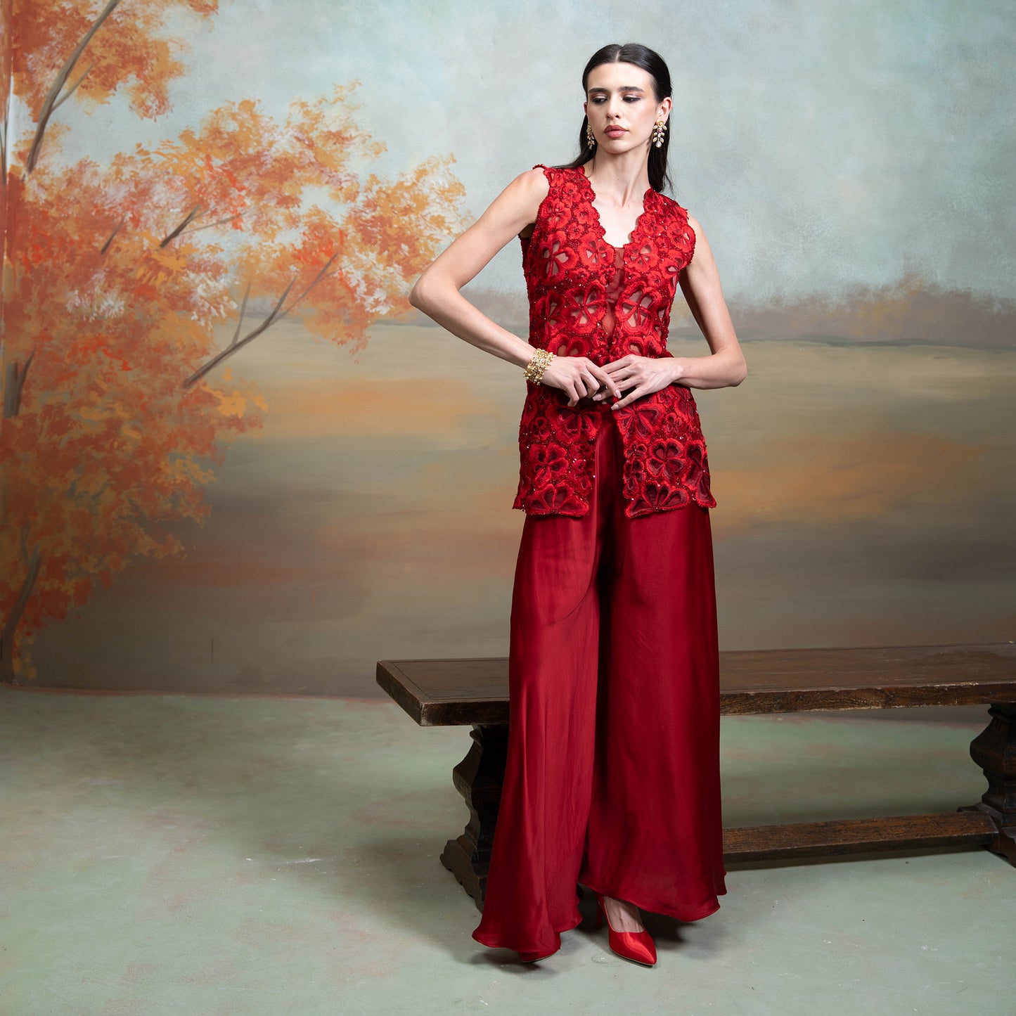 Maroon Sequin Cutdana Work Georgette Gharara Set 2 Pcs