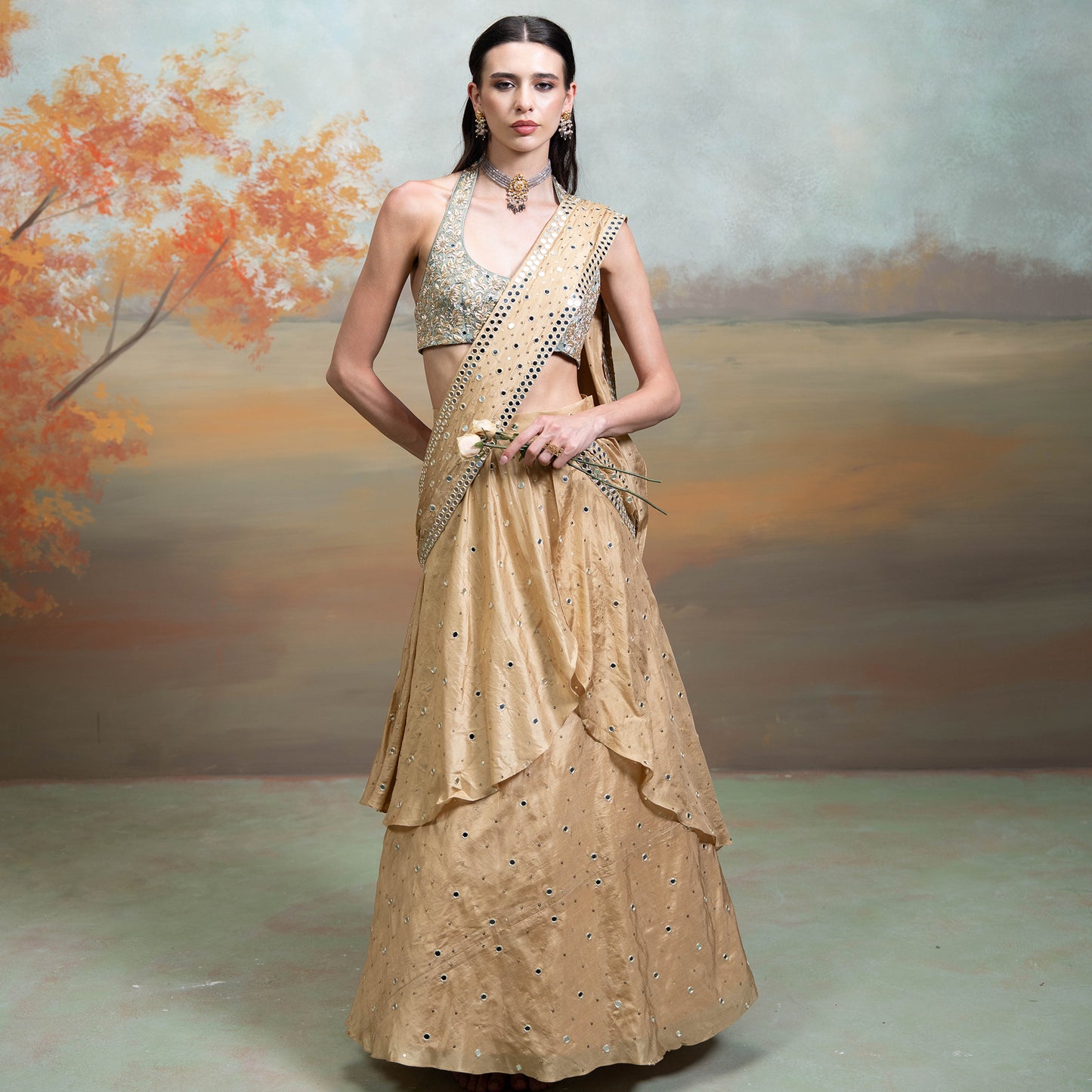 Golden & Green Heavy Zardozi Mirror Work Silk Pre Draped Lehenga Set 2 Pcs