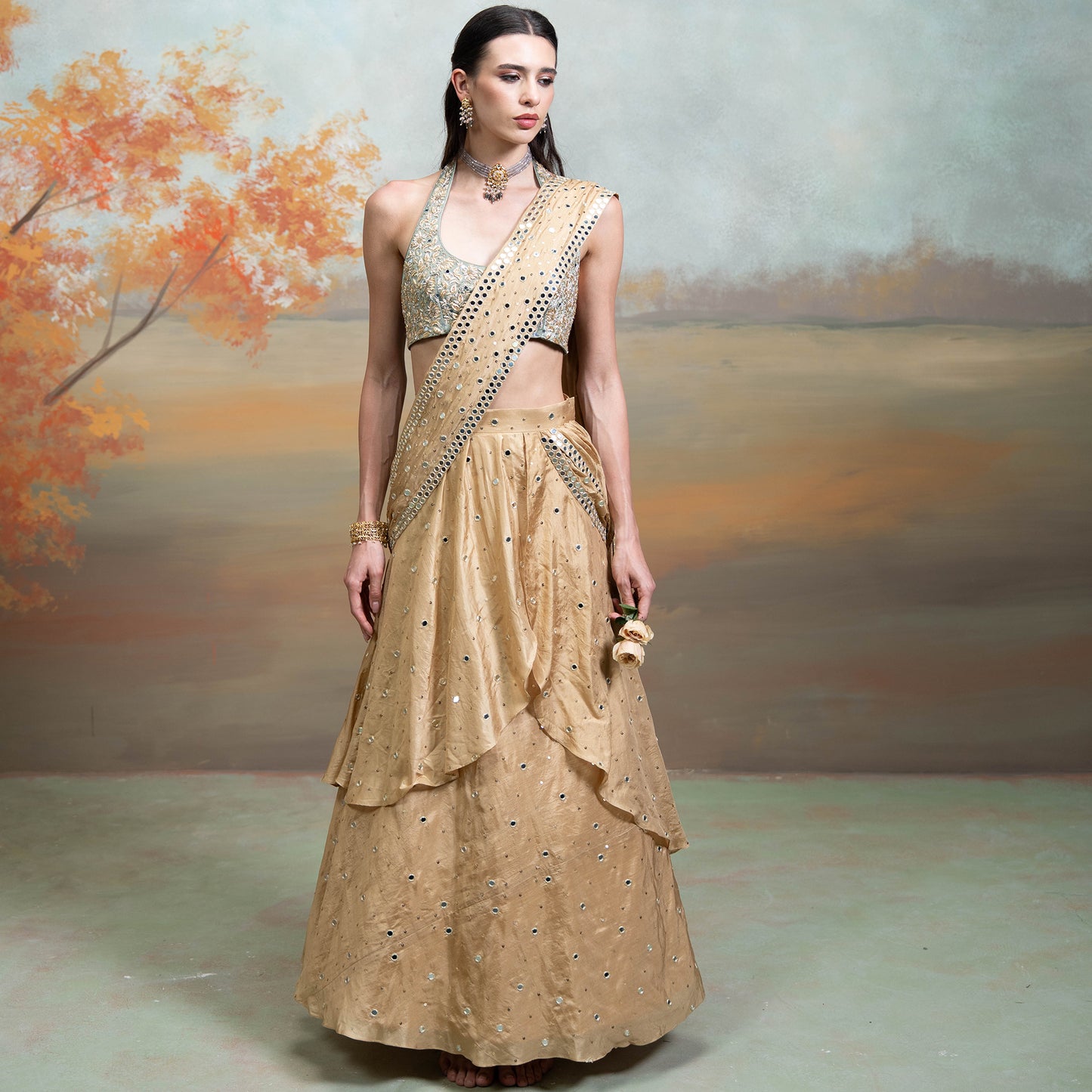 Golden & Green Heavy Zardozi Mirror Work Silk Pre Draped Lehenga Set 2 Pcs