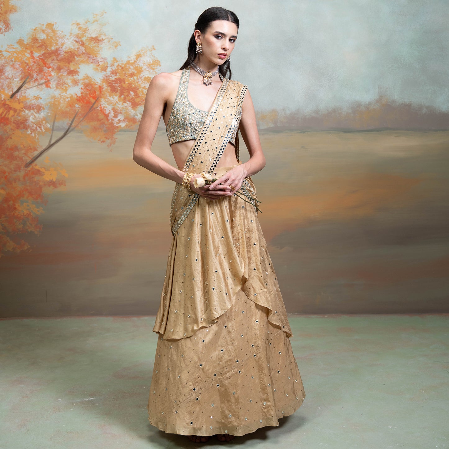 Golden & Green Heavy Zardozi Mirror Work Silk Pre Draped Lehenga Set 2 Pcs