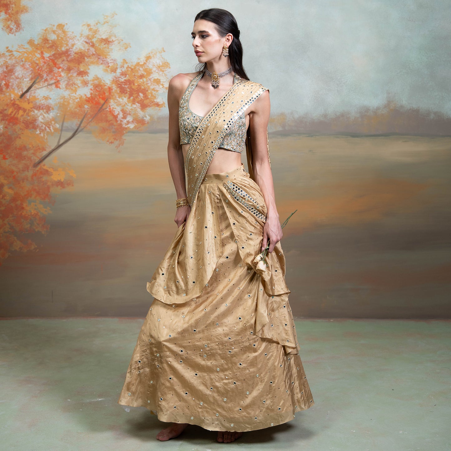 Golden & Green Heavy Zardozi Mirror Work Silk Pre Draped Lehenga Set 2 Pcs