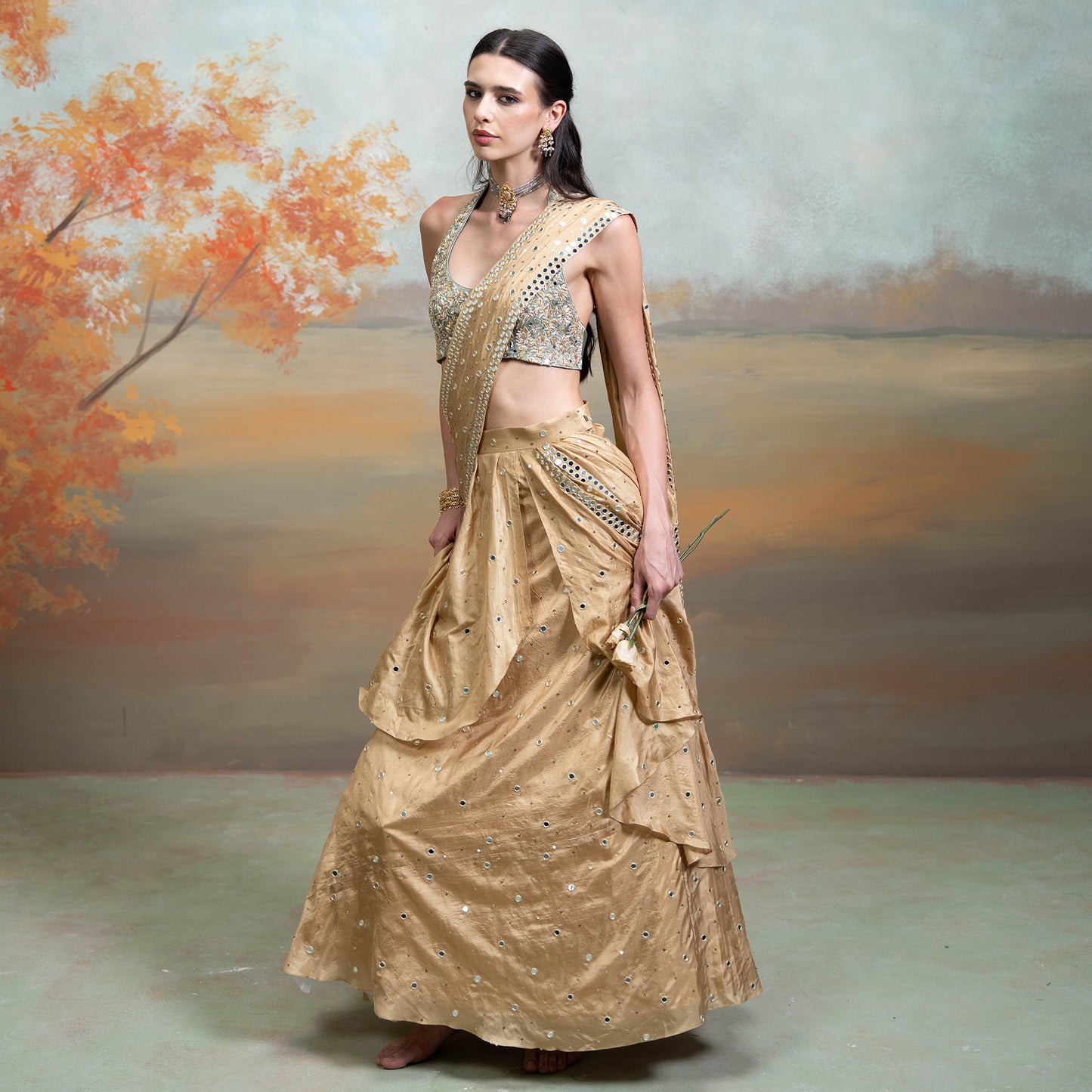 Golden & Green Heavy Zardozi Mirror Work Silk Pre Draped Lehenga Set 2 Pcs