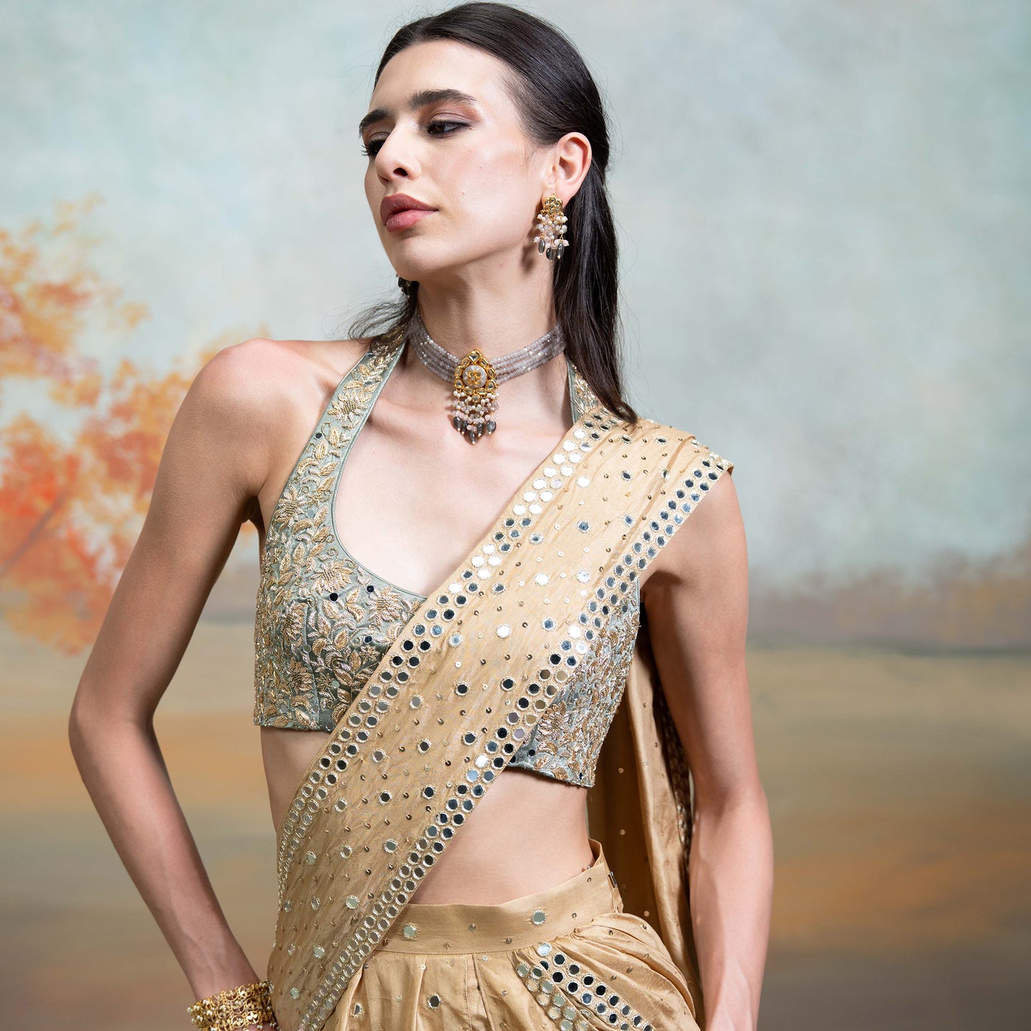 Golden & Green Heavy Zardozi Mirror Work Silk Pre Draped Lehenga Set 2 Pcs