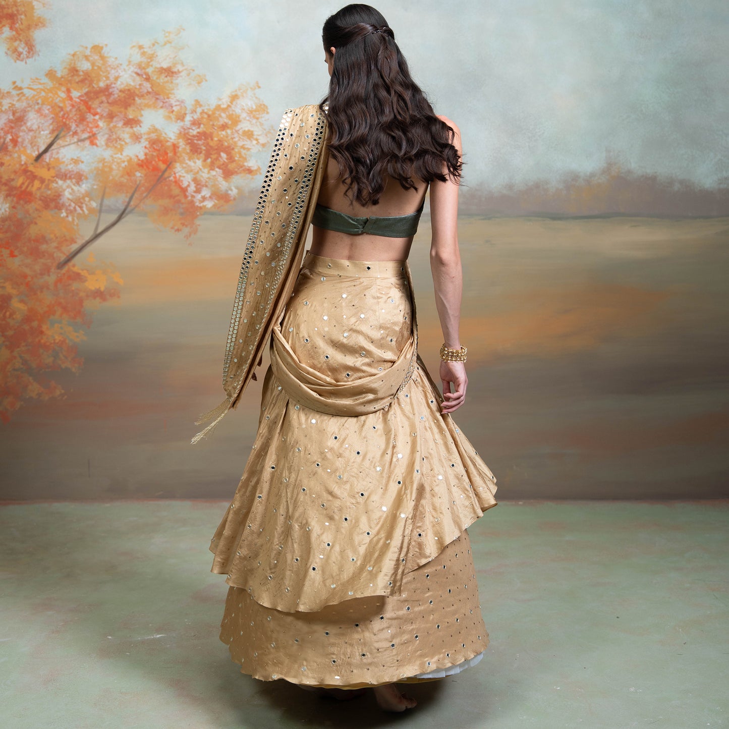 Golden & Green Heavy Zardozi Mirror Work Silk Pre Draped Lehenga Set 2 Pcs