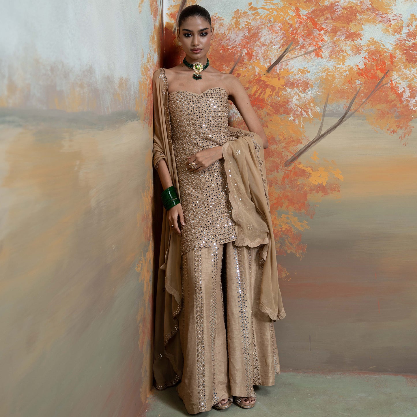 Golden Zardozi Mirror Work Raw Silk Gharara Set 3 Pcs