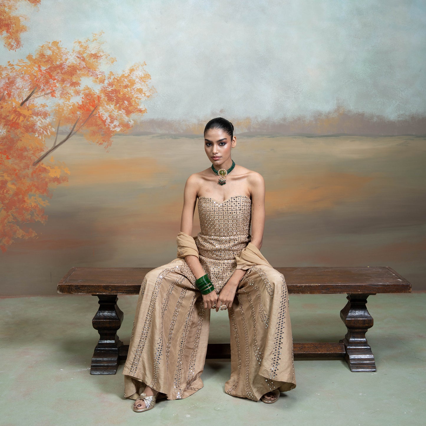 Golden Zardozi Mirror Work Raw Silk Gharara Set 3 Pcs