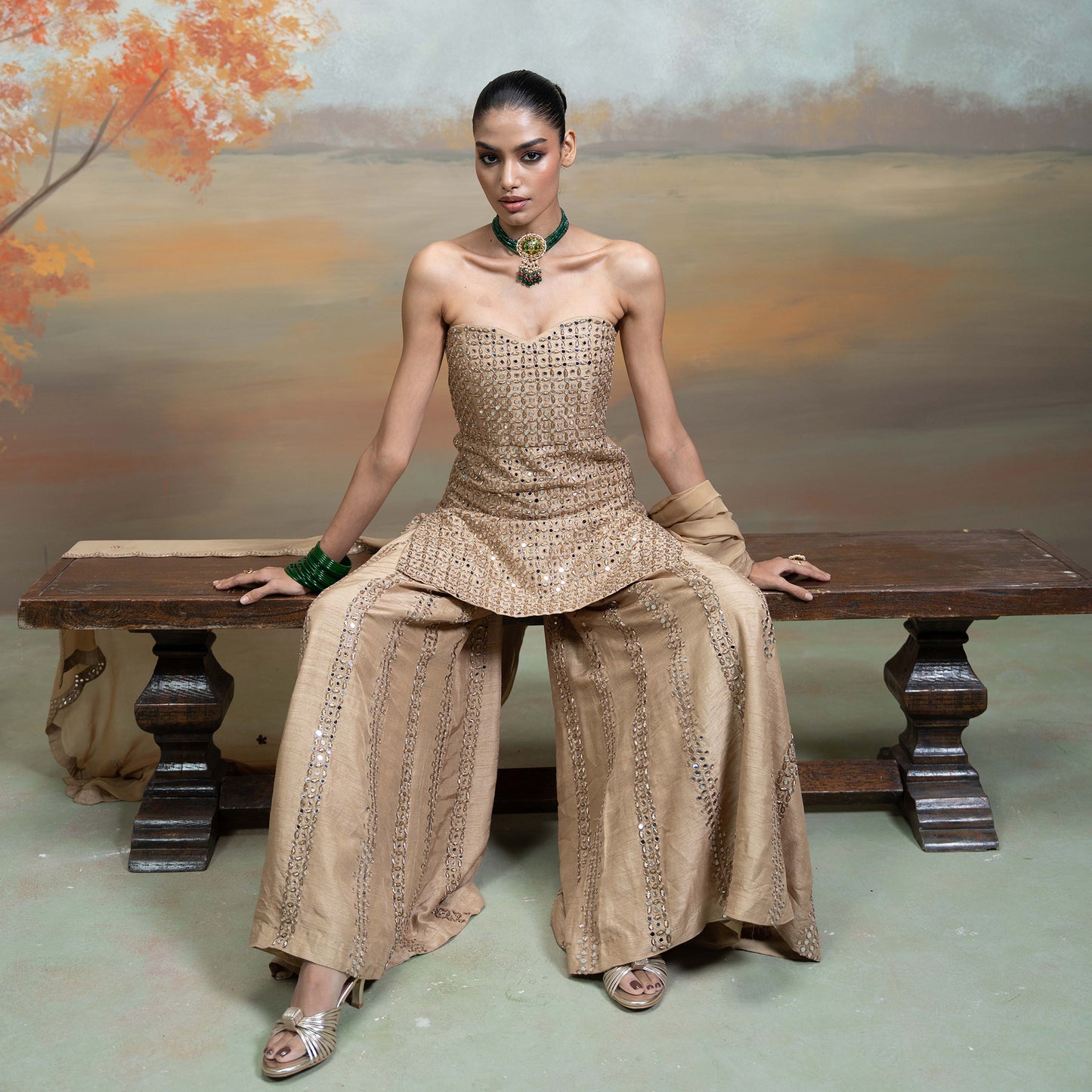 Golden Zardozi Mirror Work Raw Silk Gharara Set 3 Pcs