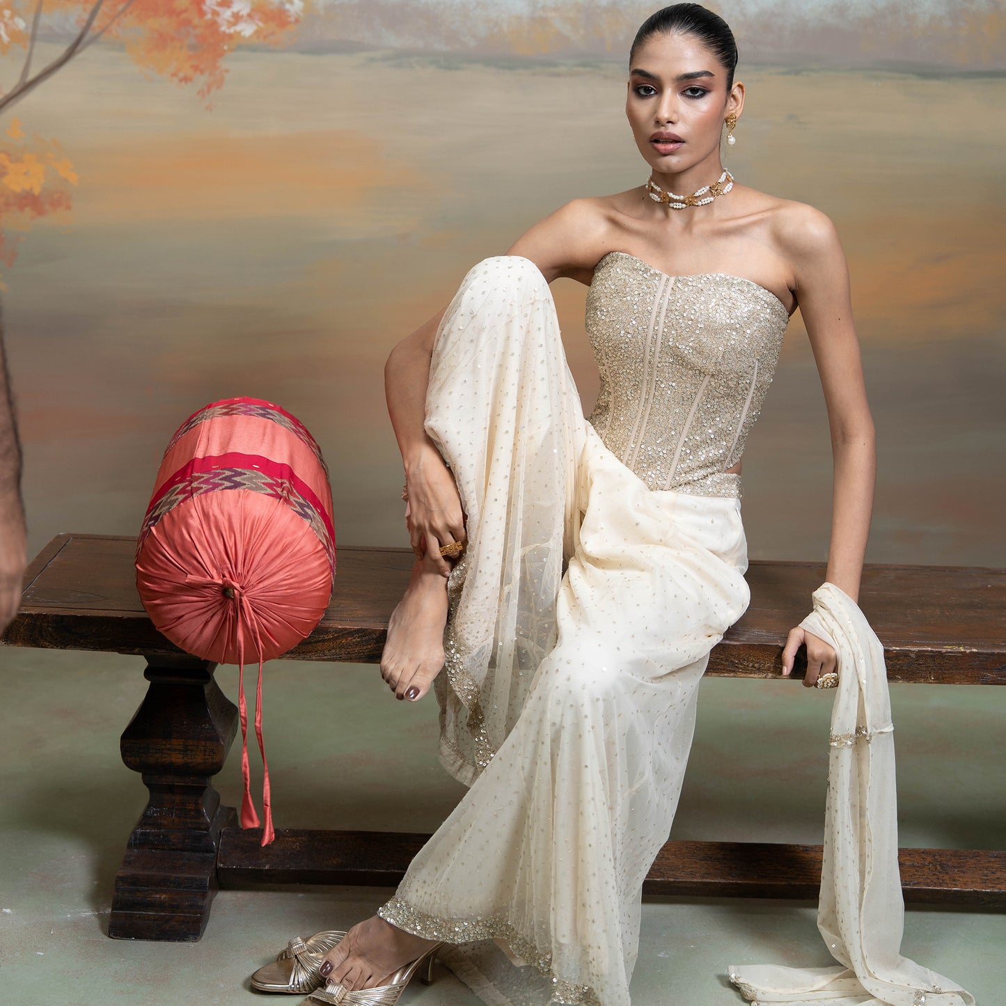 Beige Sequin Work Corset With Net Sharara Set 2 Pcs