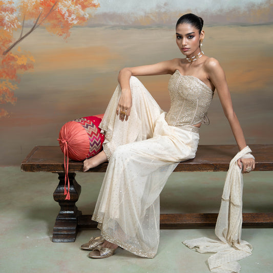 Beige Sequin Work Corset With Net Sharara Set 2 Pcs