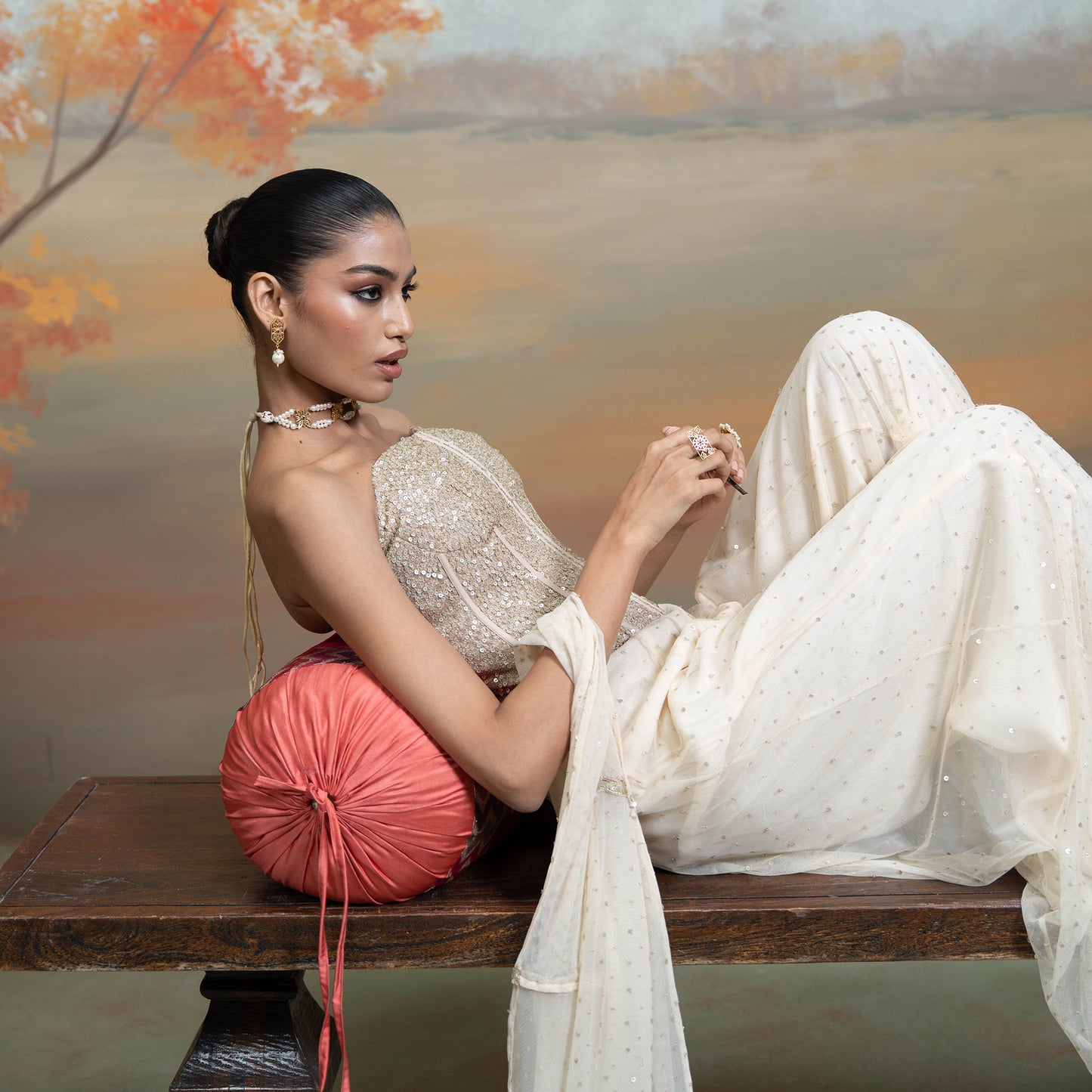 Beige Sequin Work Corset With Net Sharara Set 2 Pcs