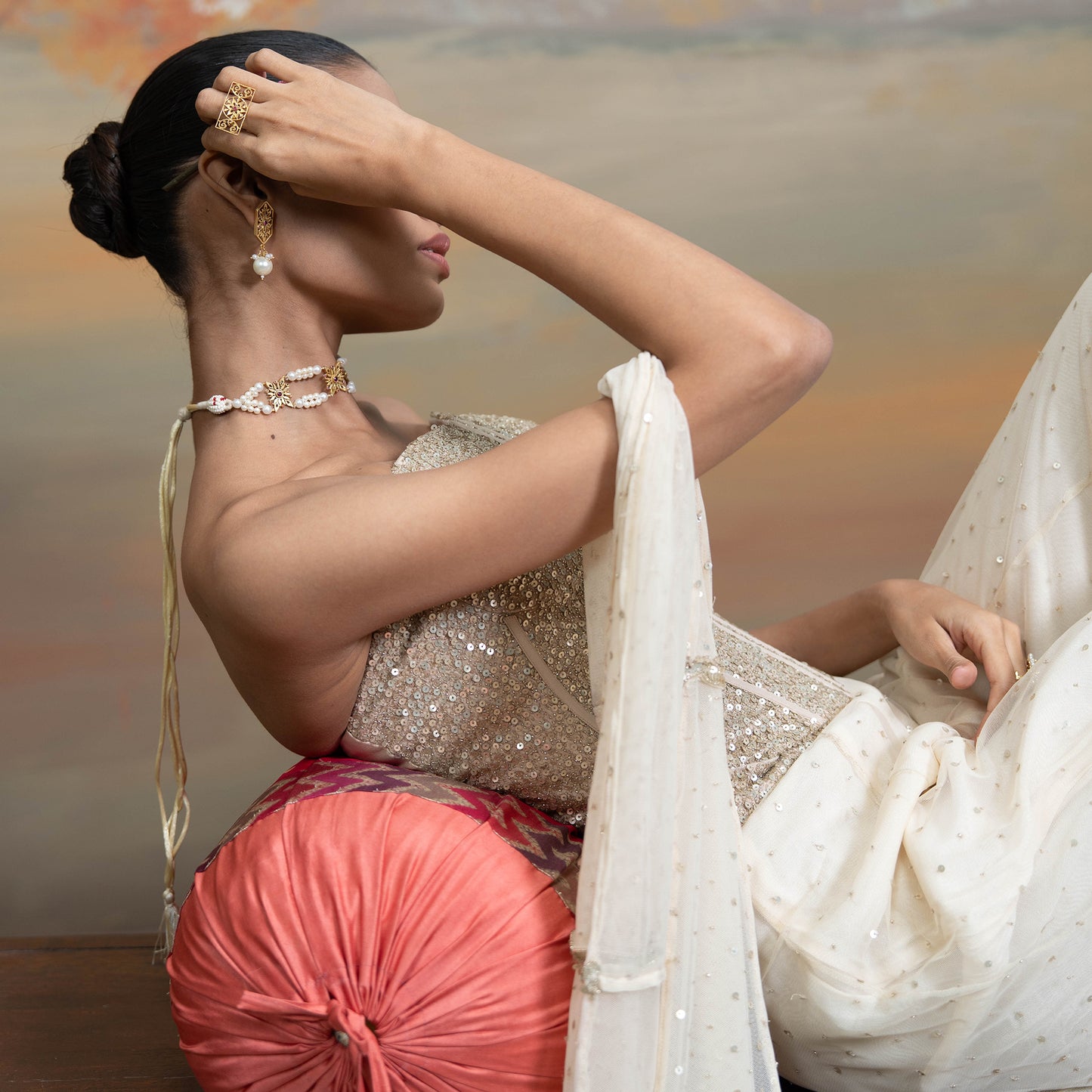 Beige Sequin Work Corset With Net Sharara Set 2 Pcs