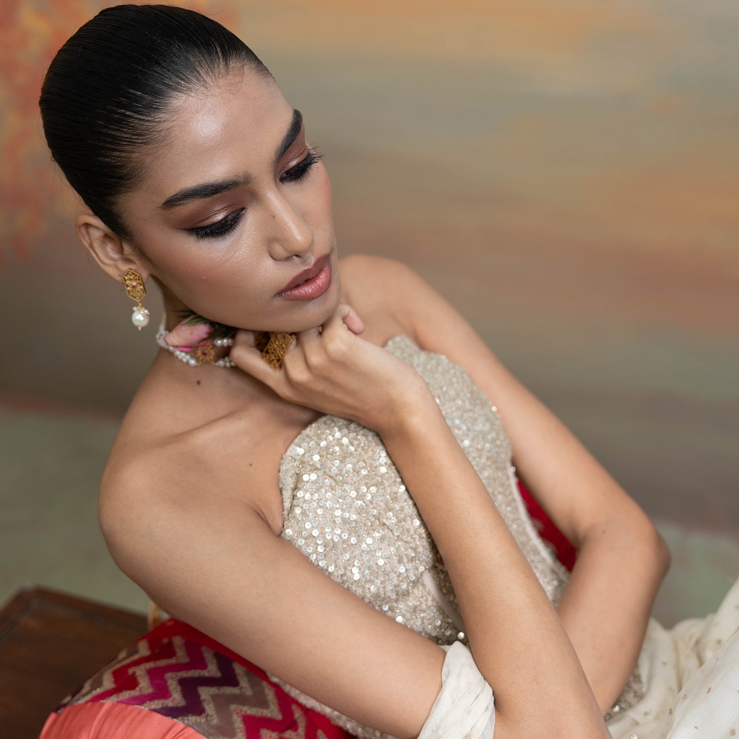 Beige Sequin Work Corset With Net Sharara Set 2 Pcs