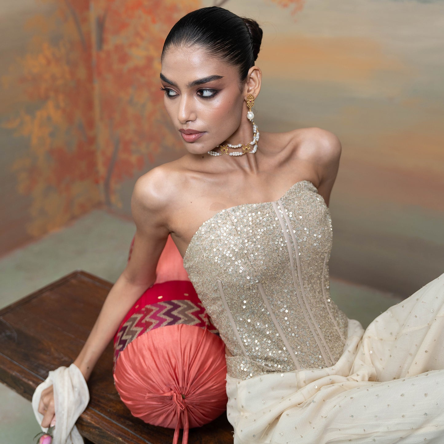 Beige Sequin Work Corset With Net Sharara Set 2 Pcs