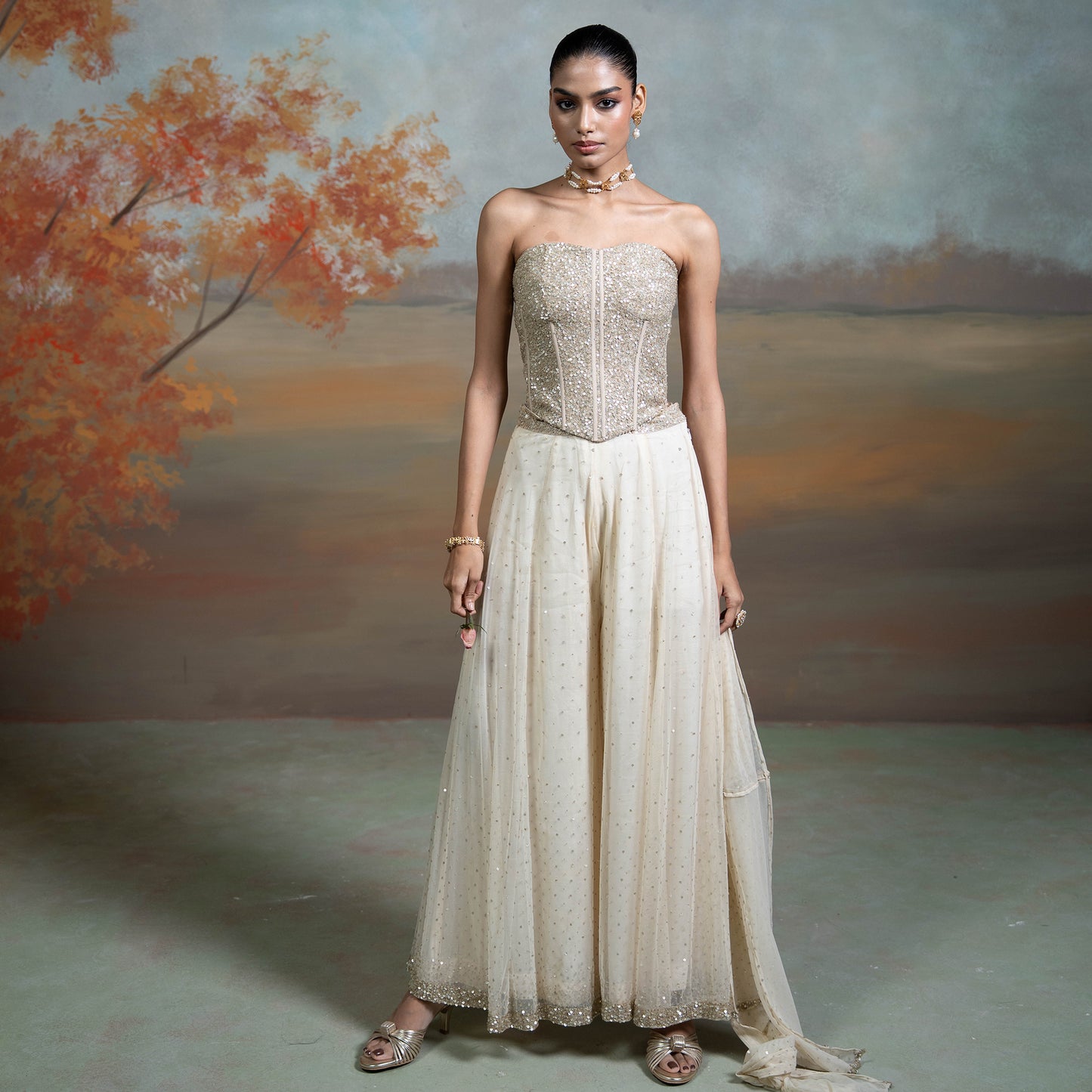 Beige Sequin Work Corset With Net Sharara Set 2 Pcs
