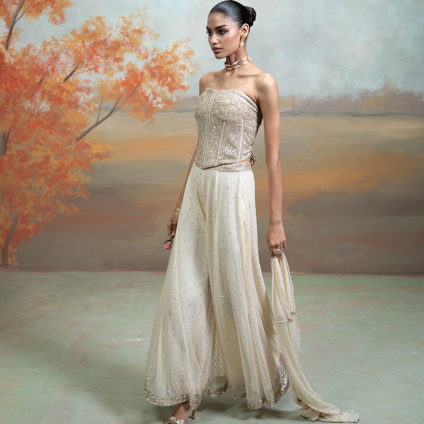 Beige Sequin Work Corset With Net Sharara Set 2 Pcs