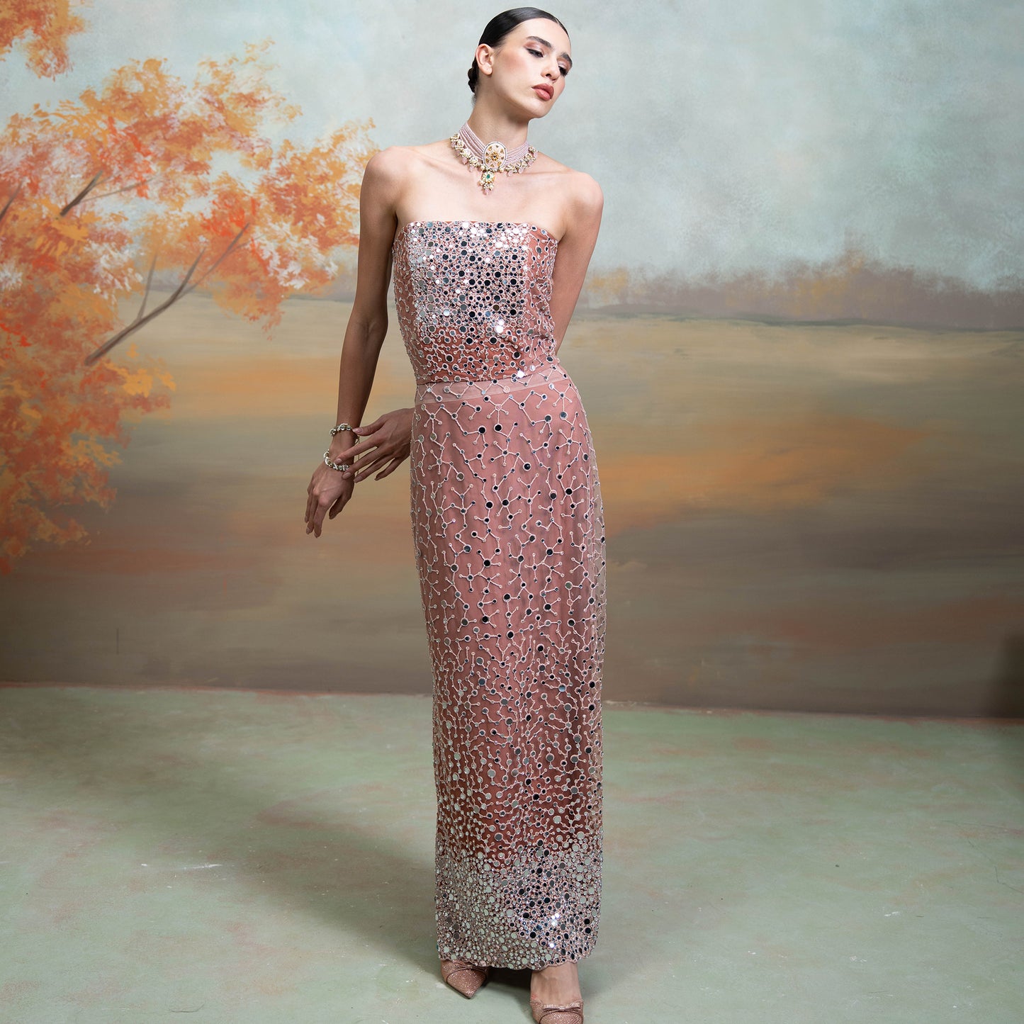 Pink Mirror Dori Work Corset With Straight Skirt Set 2 Pcs