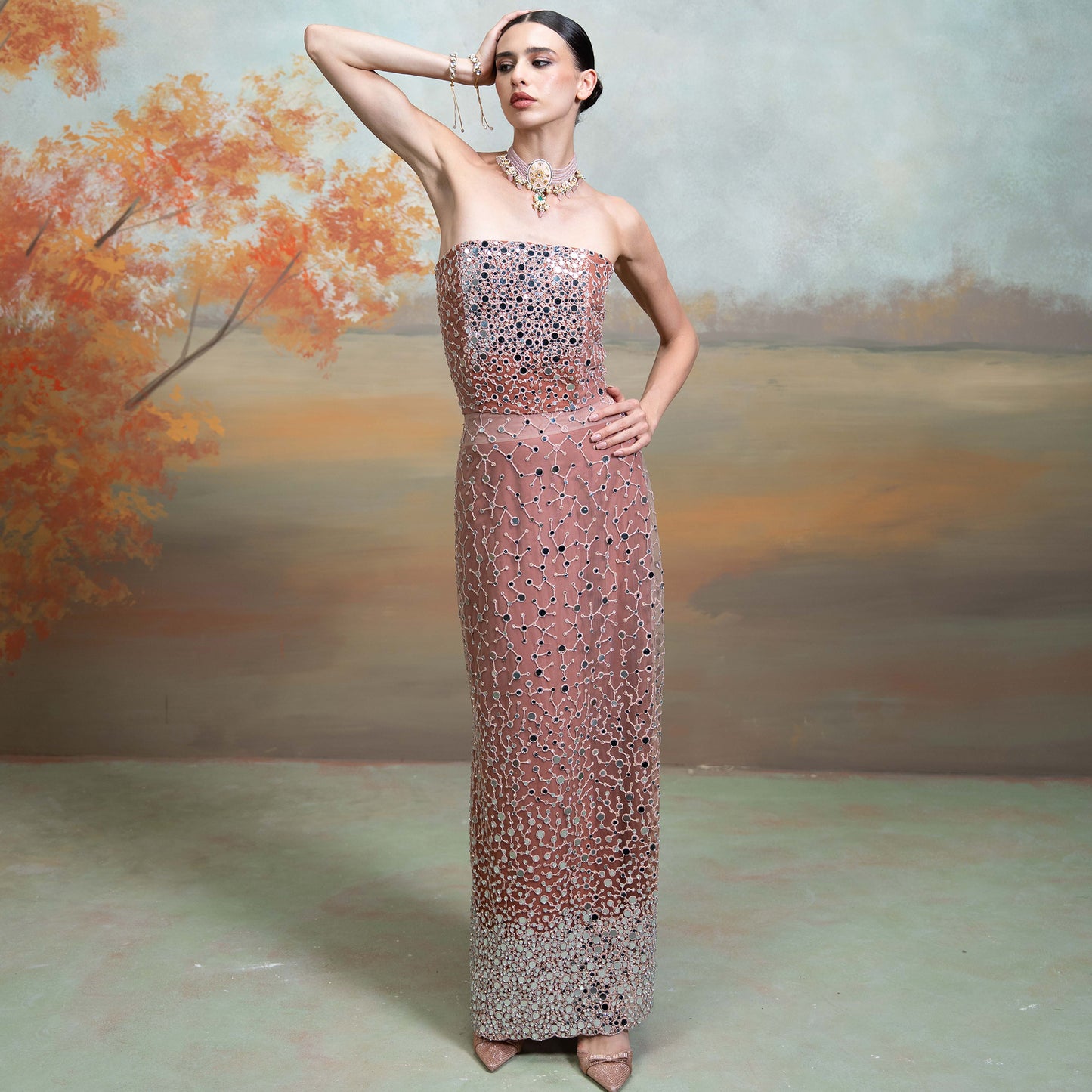 Pink Mirror Dori Work Corset With Straight Skirt Set 2 Pcs
