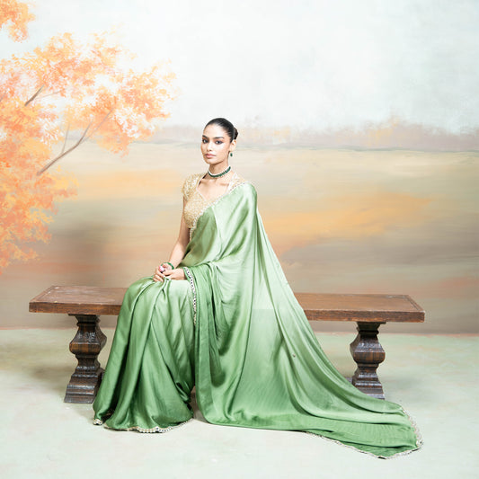 Green & Golden Mirror Sequin Work Georgette Saree Set 2 Pcs