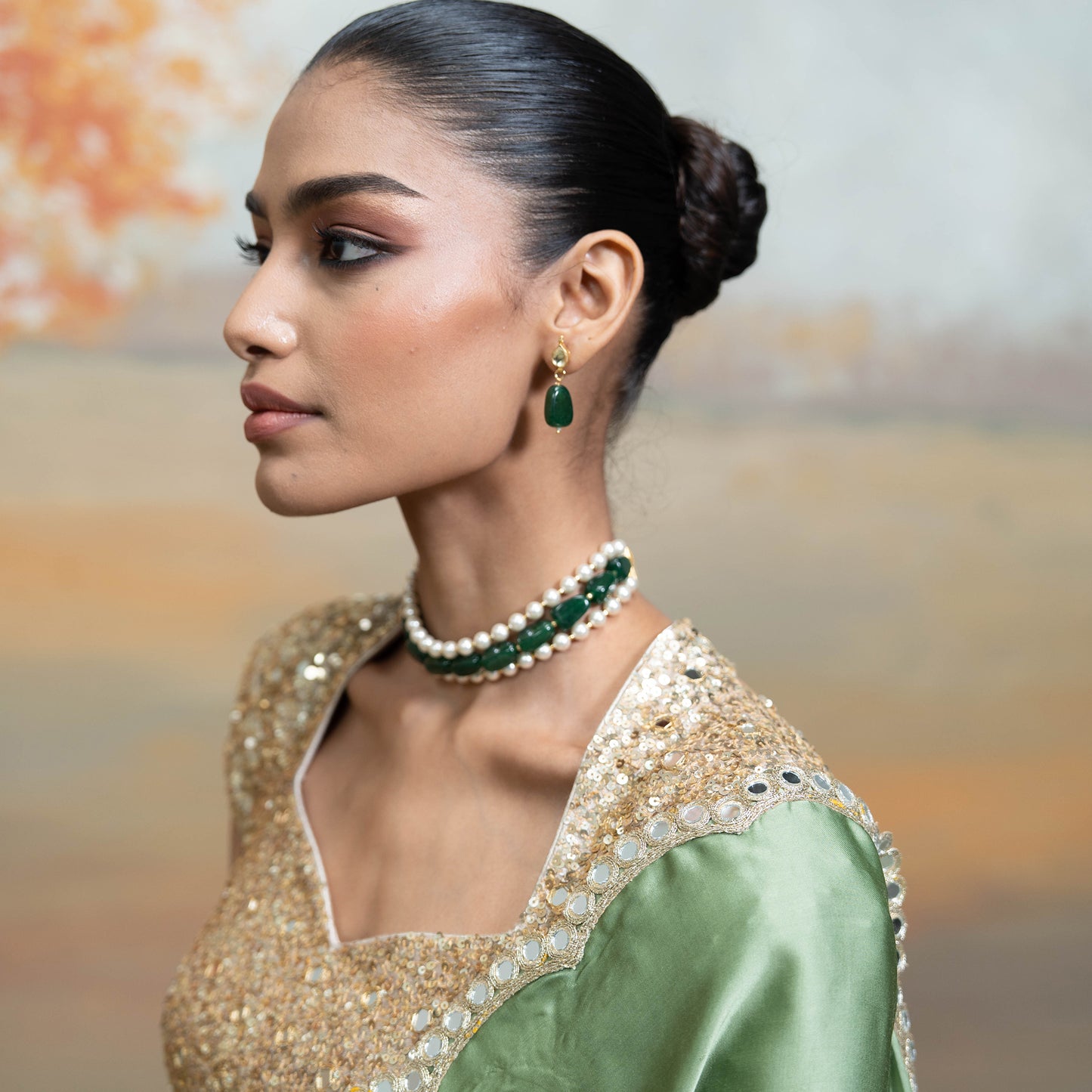 Green & Golden Mirror Sequin Work Georgette Saree Set 2 Pcs