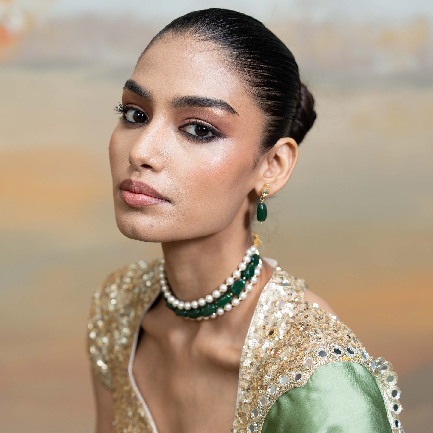 Green & Golden Mirror Sequin Work Georgette Saree Set 2 Pcs