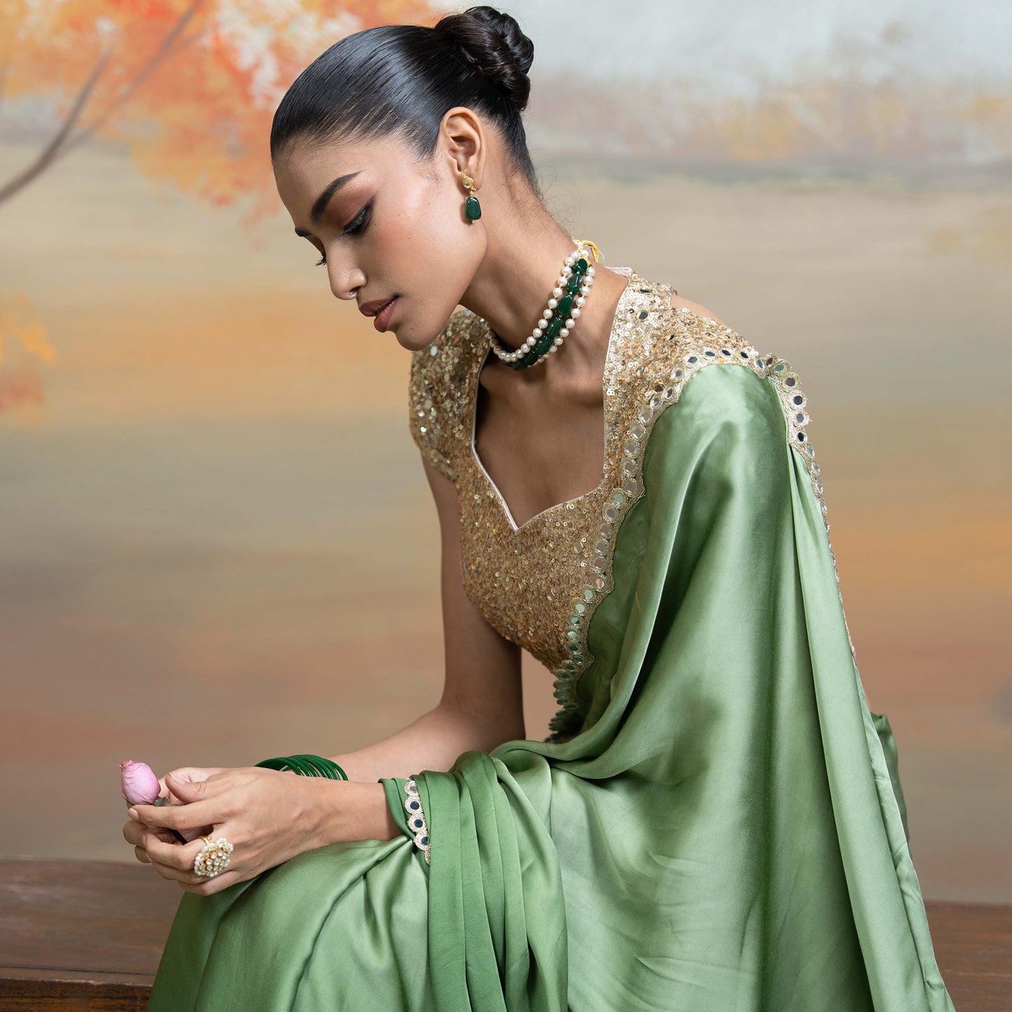 Green & Golden Mirror Sequin Work Georgette Saree Set 2 Pcs