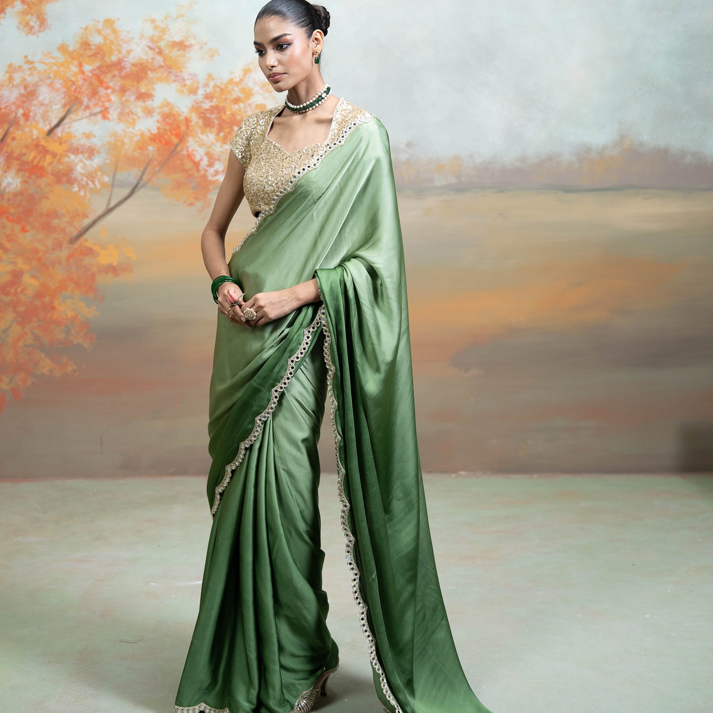 Green & Golden Mirror Sequin Work Georgette Saree Set 2 Pcs