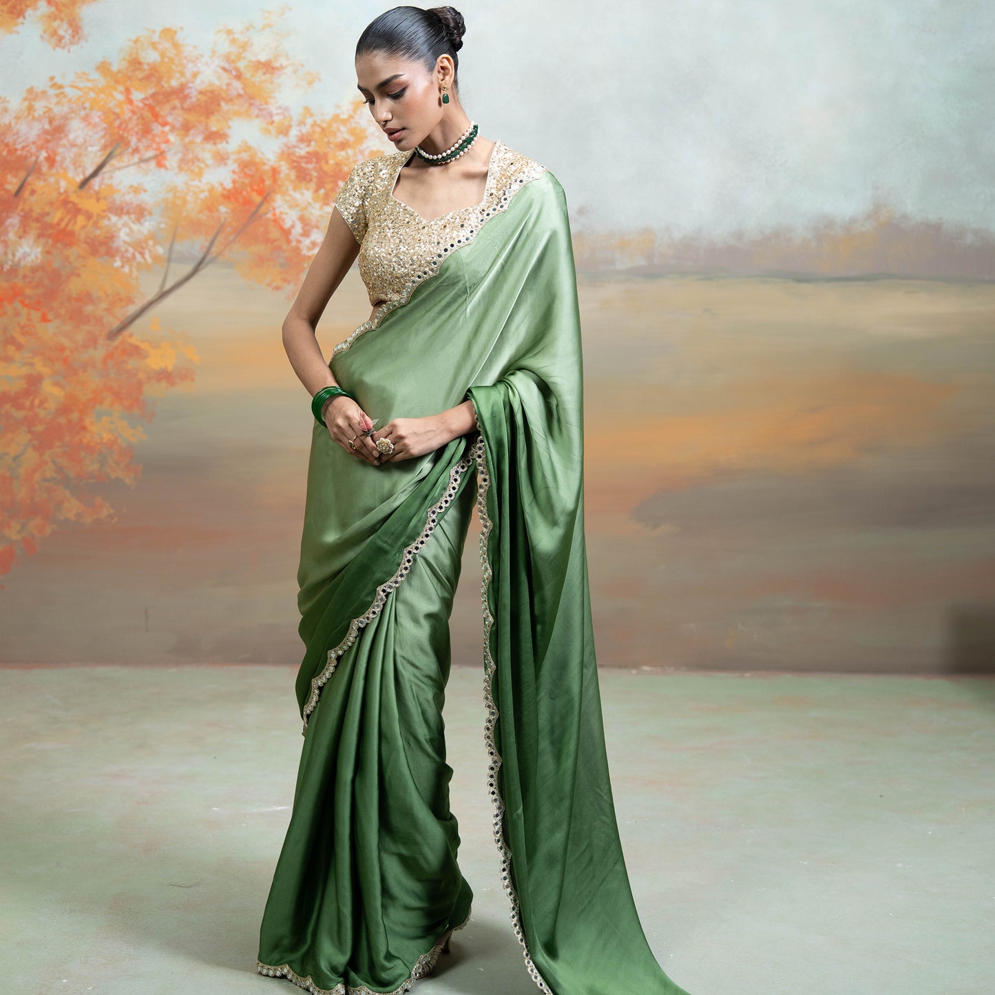 Green & Golden Mirror Sequin Work Georgette Saree Set 2 Pcs