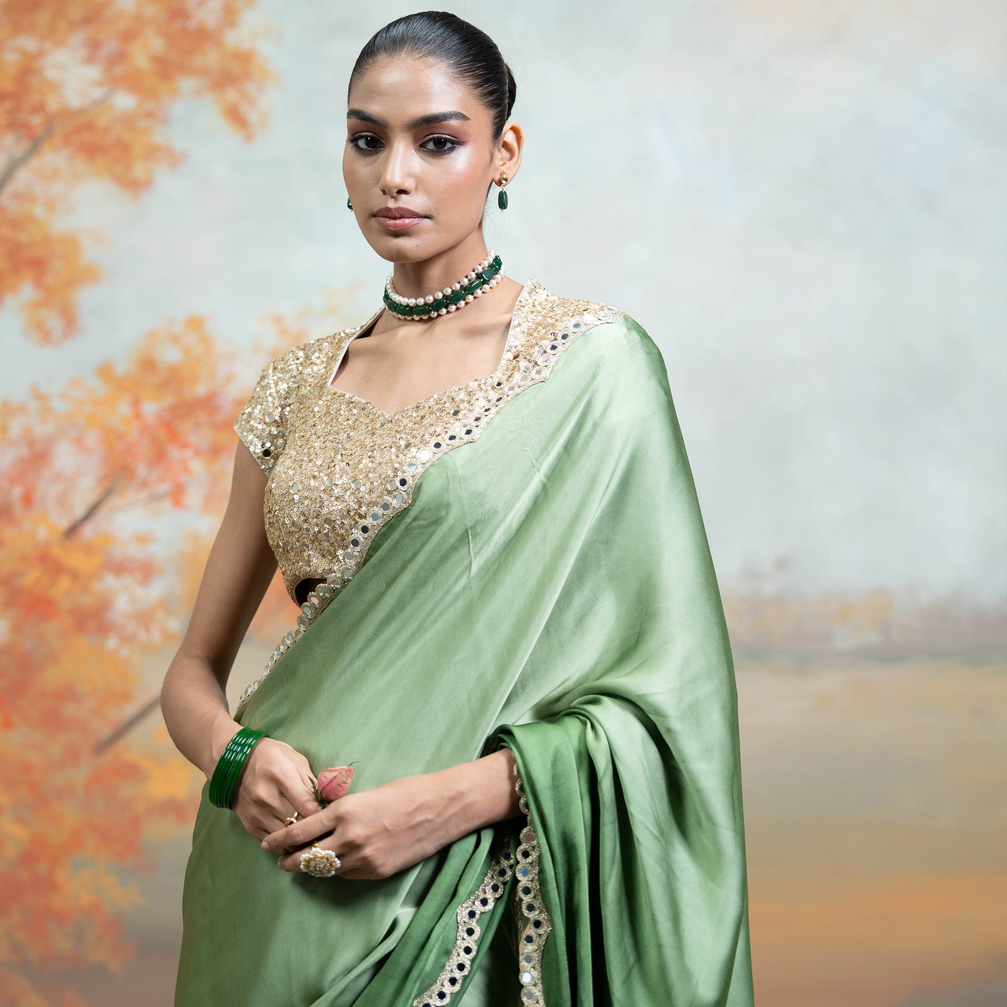 Green & Golden Mirror Sequin Work Georgette Saree Set 2 Pcs