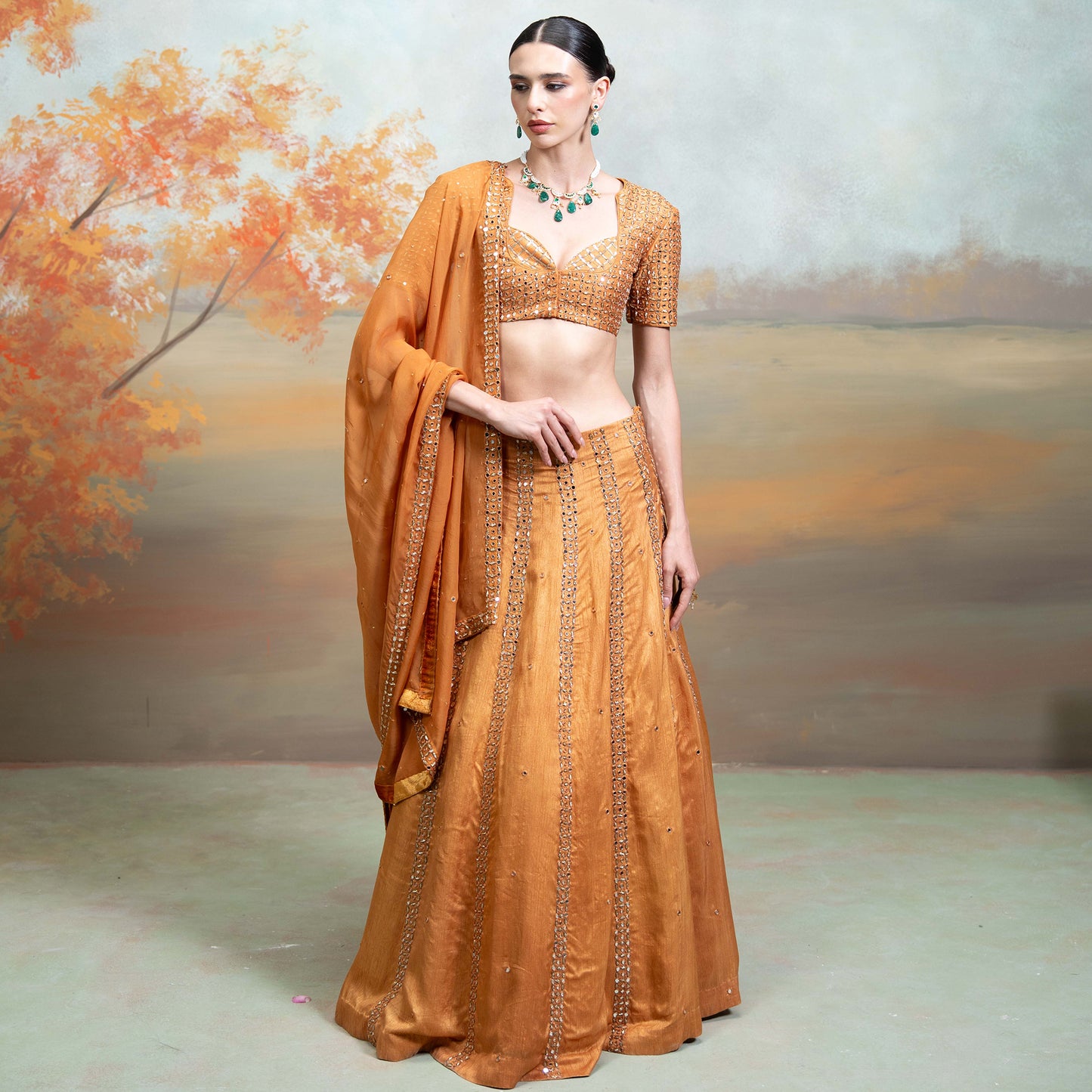 Golden Zardozi Mirror Work Organza Set With Sequin Blouse Set 2 Pcs