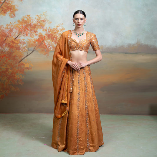 Orange Zardozi Mirror Cutdana Work Raw Silk Lehenga Set 3 Pcs