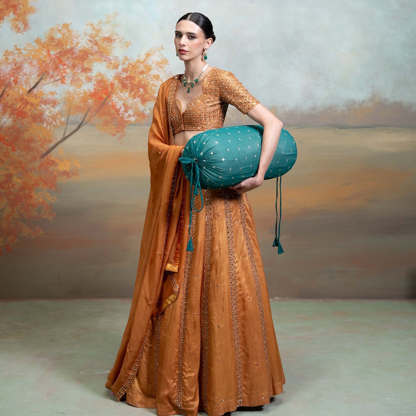 Orange Zardozi Mirror Cutdana Work Raw Silk Lehenga Set 3 Pcs