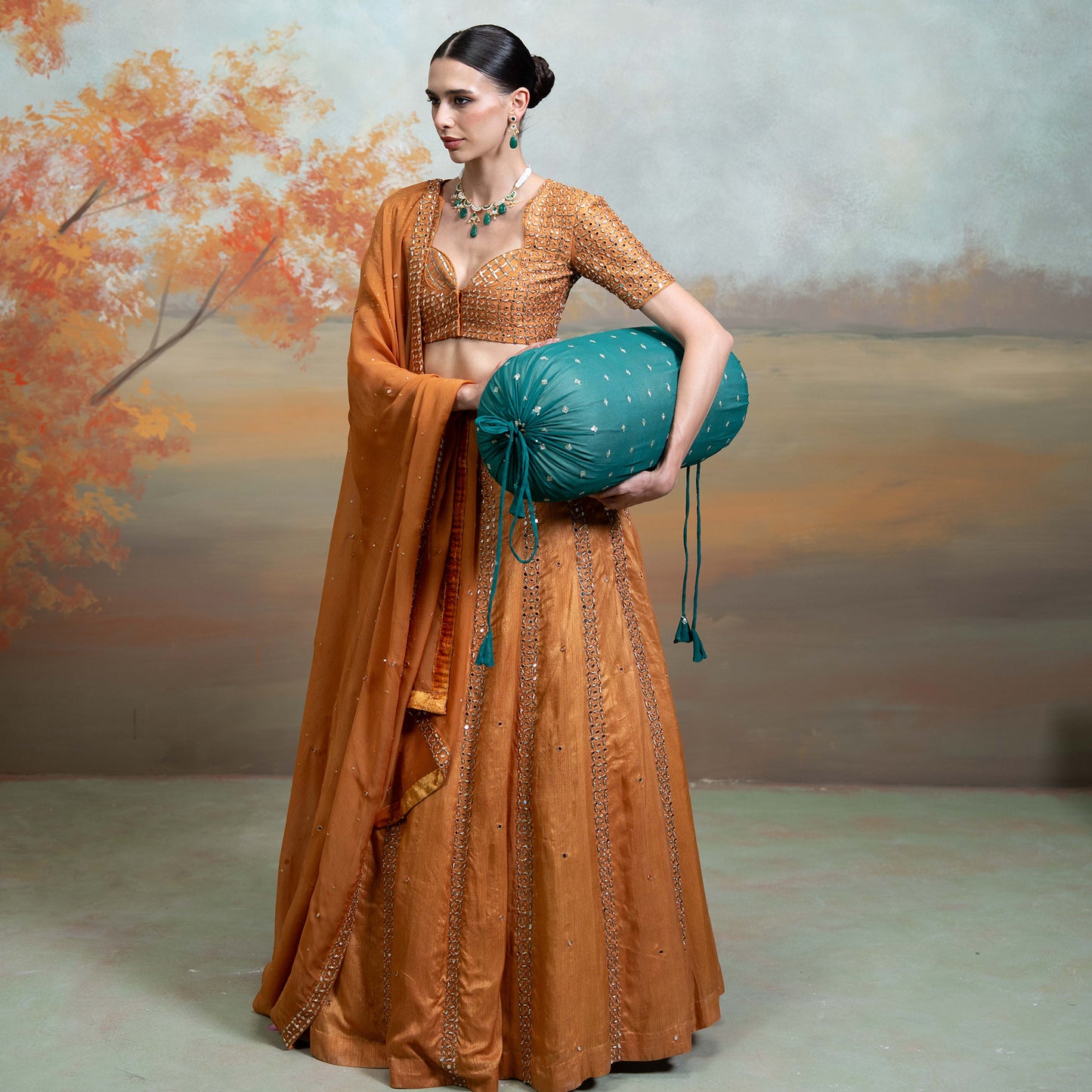 Orange Zardozi Mirror Cutdana Work Raw Silk Lehenga Set 3 Pcs
