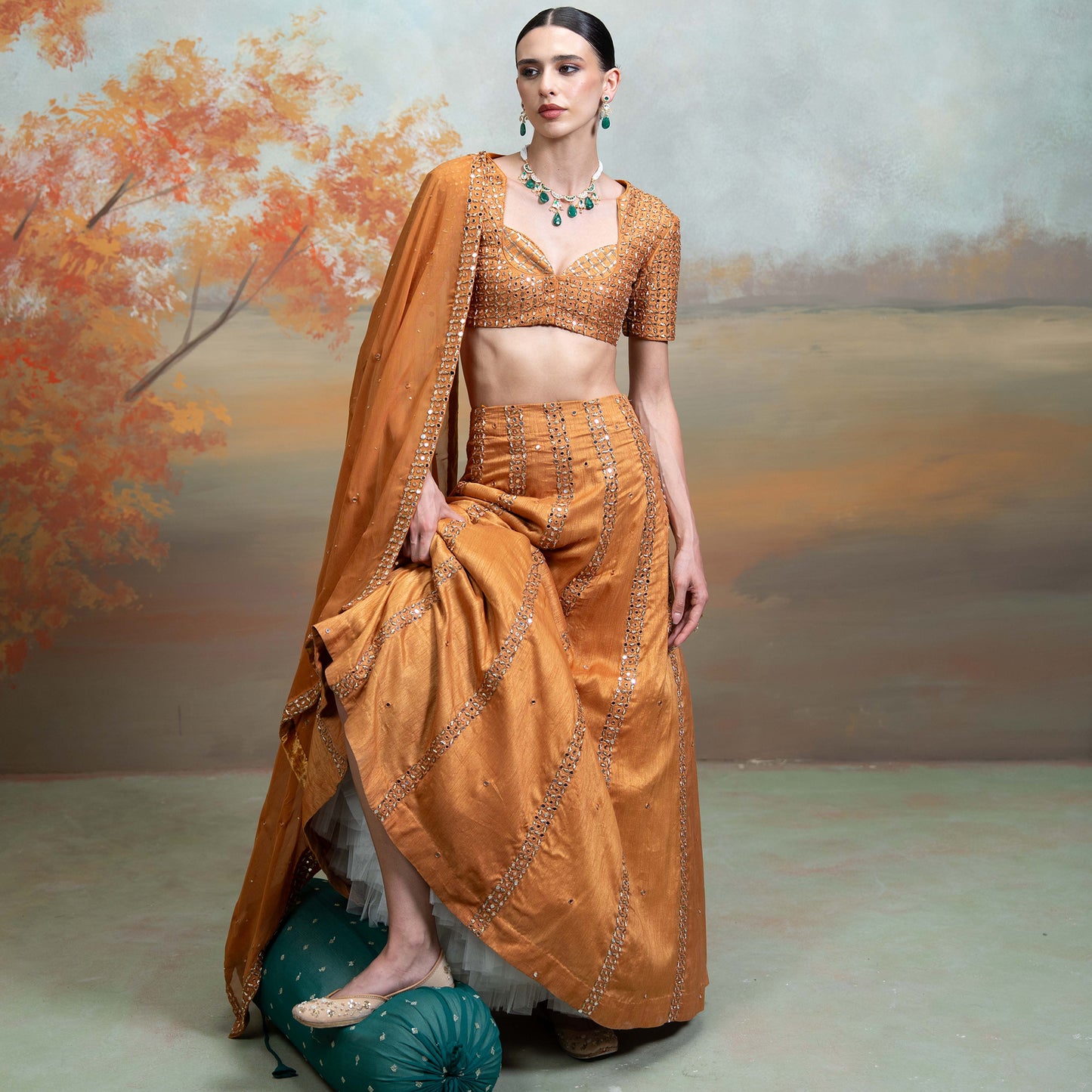 Orange Zardozi Mirror Cutdana Work Raw Silk Lehenga Set 3 Pcs
