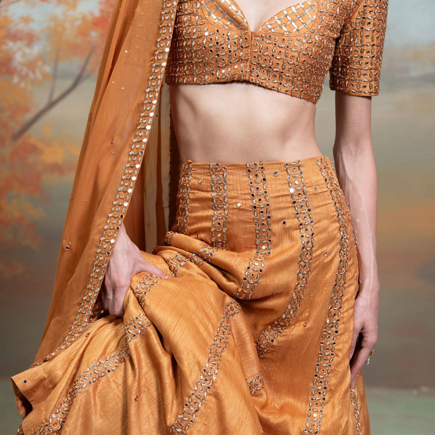 Orange Zardozi Mirror Cutdana Work Raw Silk Lehenga Set 3 Pcs