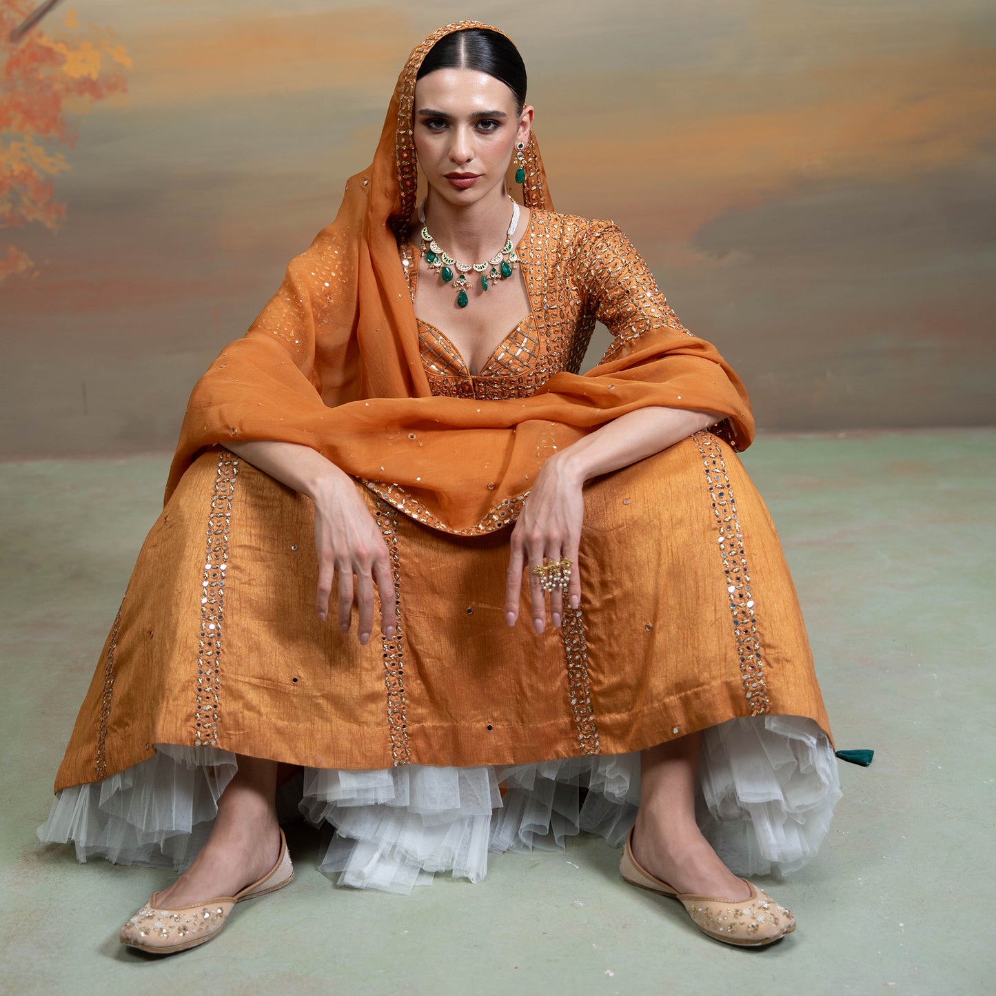 Orange Zardozi Mirror Cutdana Work Raw Silk Lehenga Set 3 Pcs