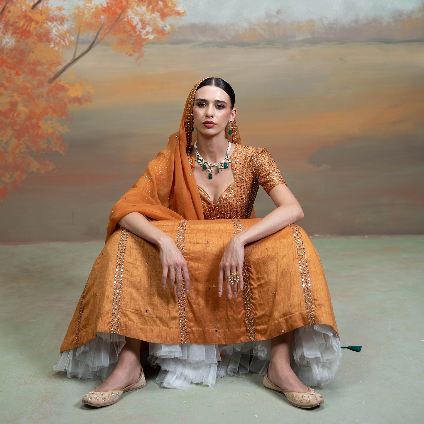 Orange Zardozi Mirror Cutdana Work Raw Silk Lehenga Set 3 Pcs