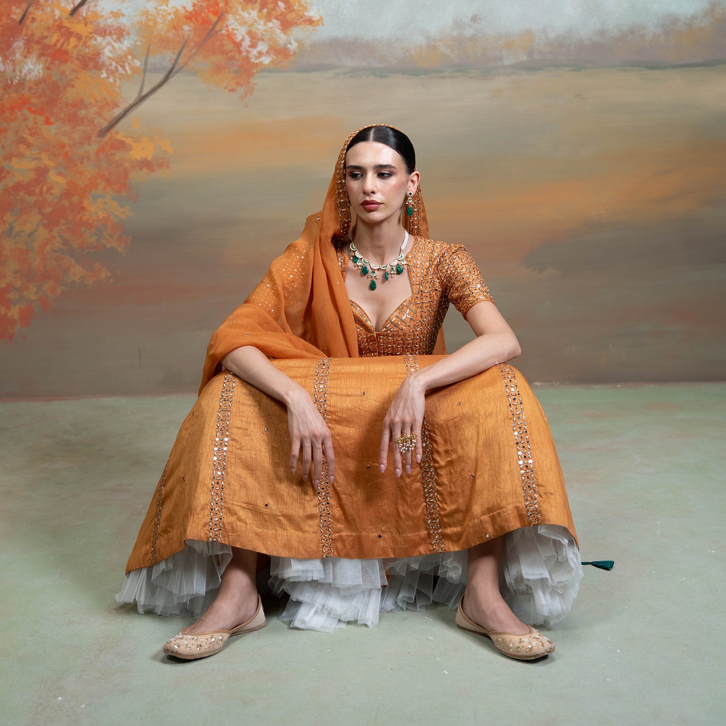Orange Zardozi Mirror Cutdana Work Raw Silk Lehenga Set 3 Pcs