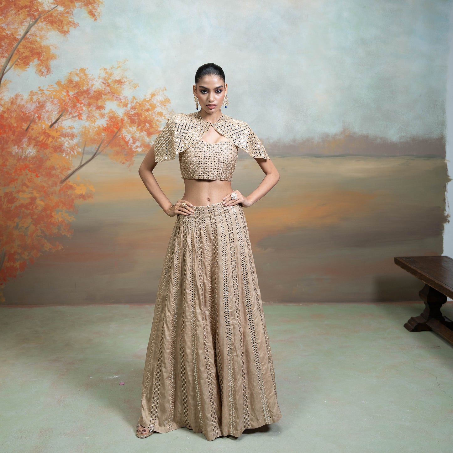 Golden Zardozi Mirror Cutdana Work Raw Silk Lehenga With Cape Jacket Set 3 Pcs