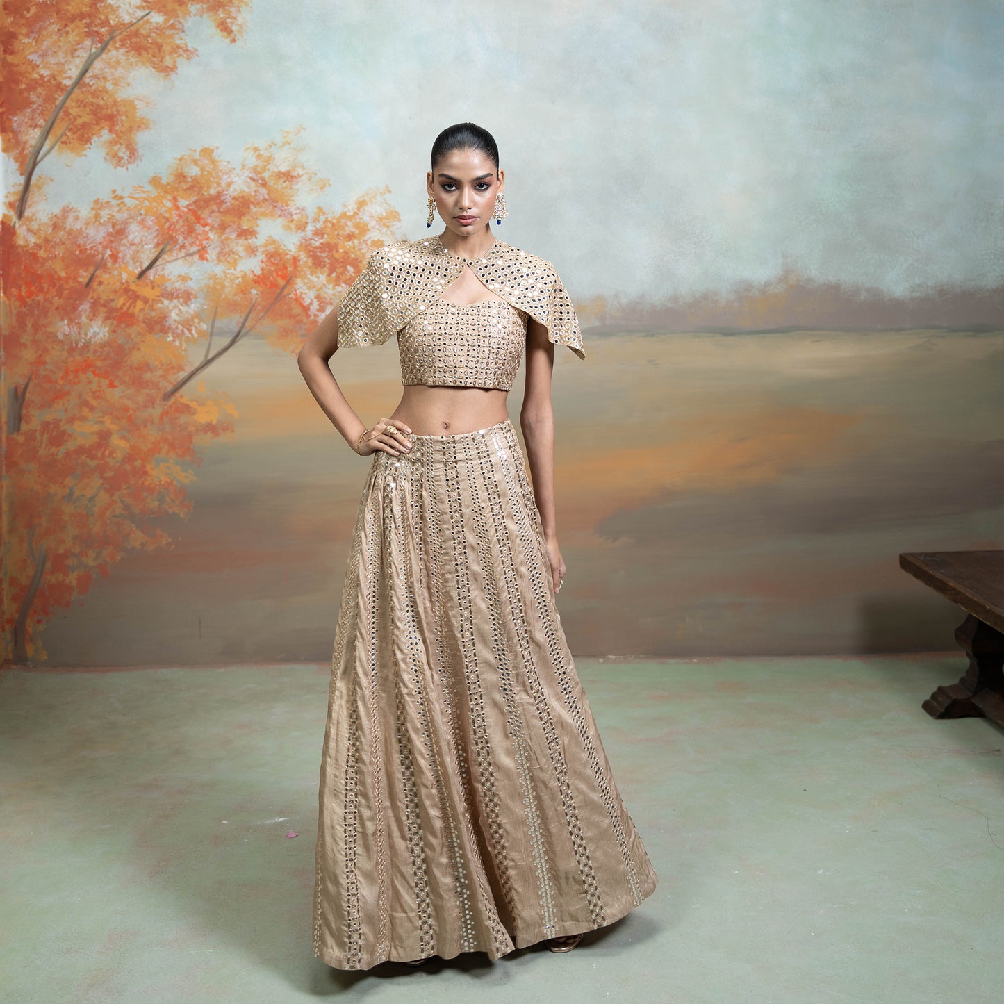 Golden Zardozi Mirror Cutdana Work Raw Silk Lehenga With Cape Jacket Set 3 Pcs