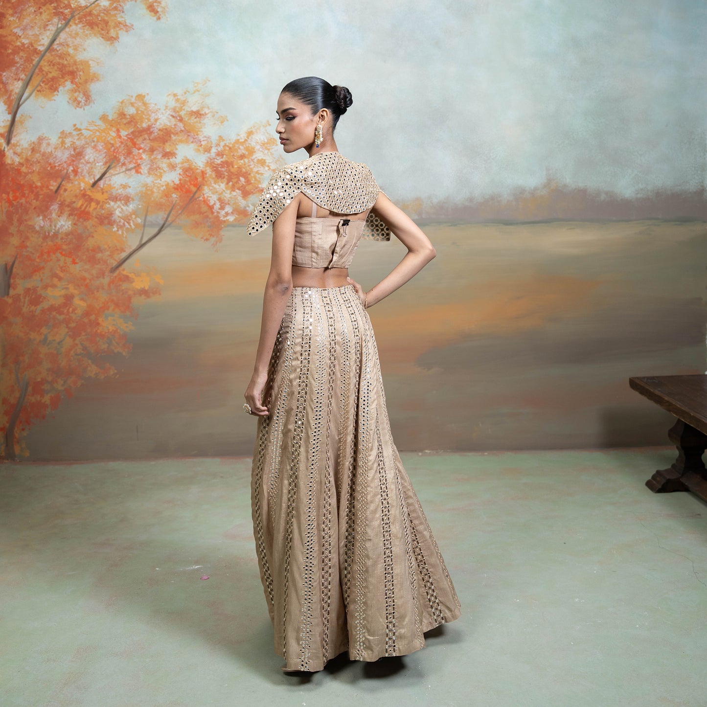 Golden Zardozi Mirror Cutdana Work Raw Silk Lehenga With Cape Jacket Set 3 Pcs