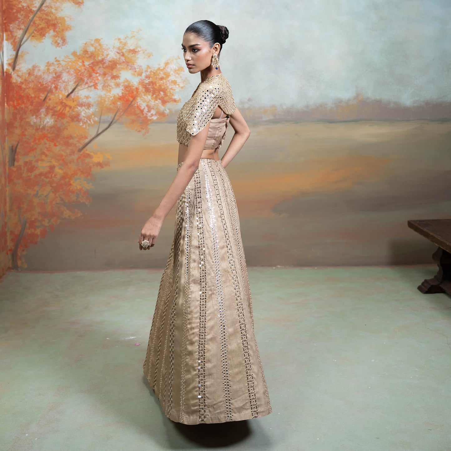 Golden Zardozi Mirror Cutdana Work Raw Silk Lehenga With Cape Jacket Set 3 Pcs