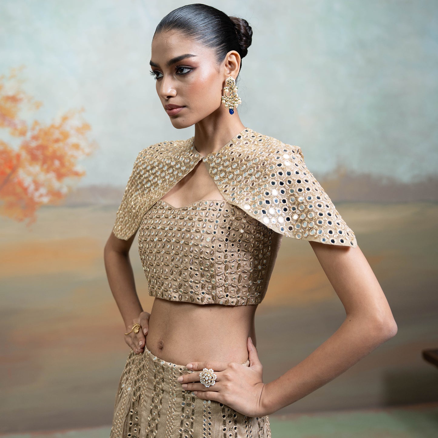 Golden Zardozi Mirror Cutdana Work Raw Silk Lehenga With Cape Jacket Set 3 Pcs