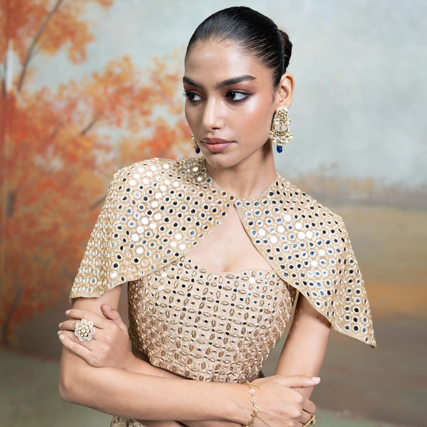 Golden Zardozi Mirror Cutdana Work Raw Silk Lehenga With Cape Jacket Set 3 Pcs