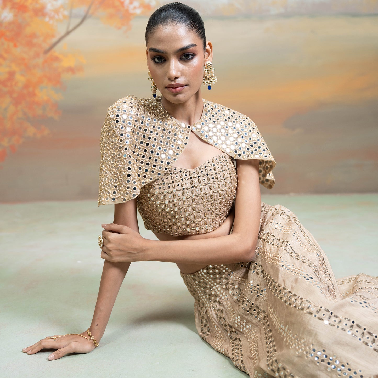 Golden Zardozi Mirror Cutdana Work Raw Silk Lehenga With Cape Jacket Set 3 Pcs