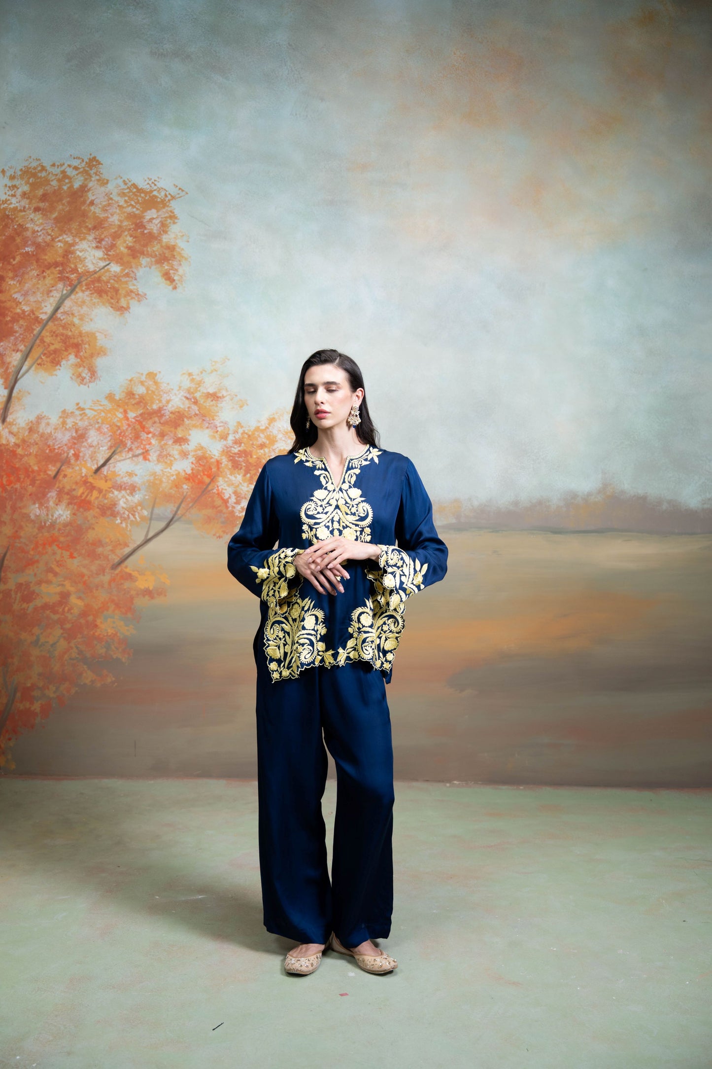 Dark Blue Embroidery Cotton Silk Kurta Set 2 Pcs