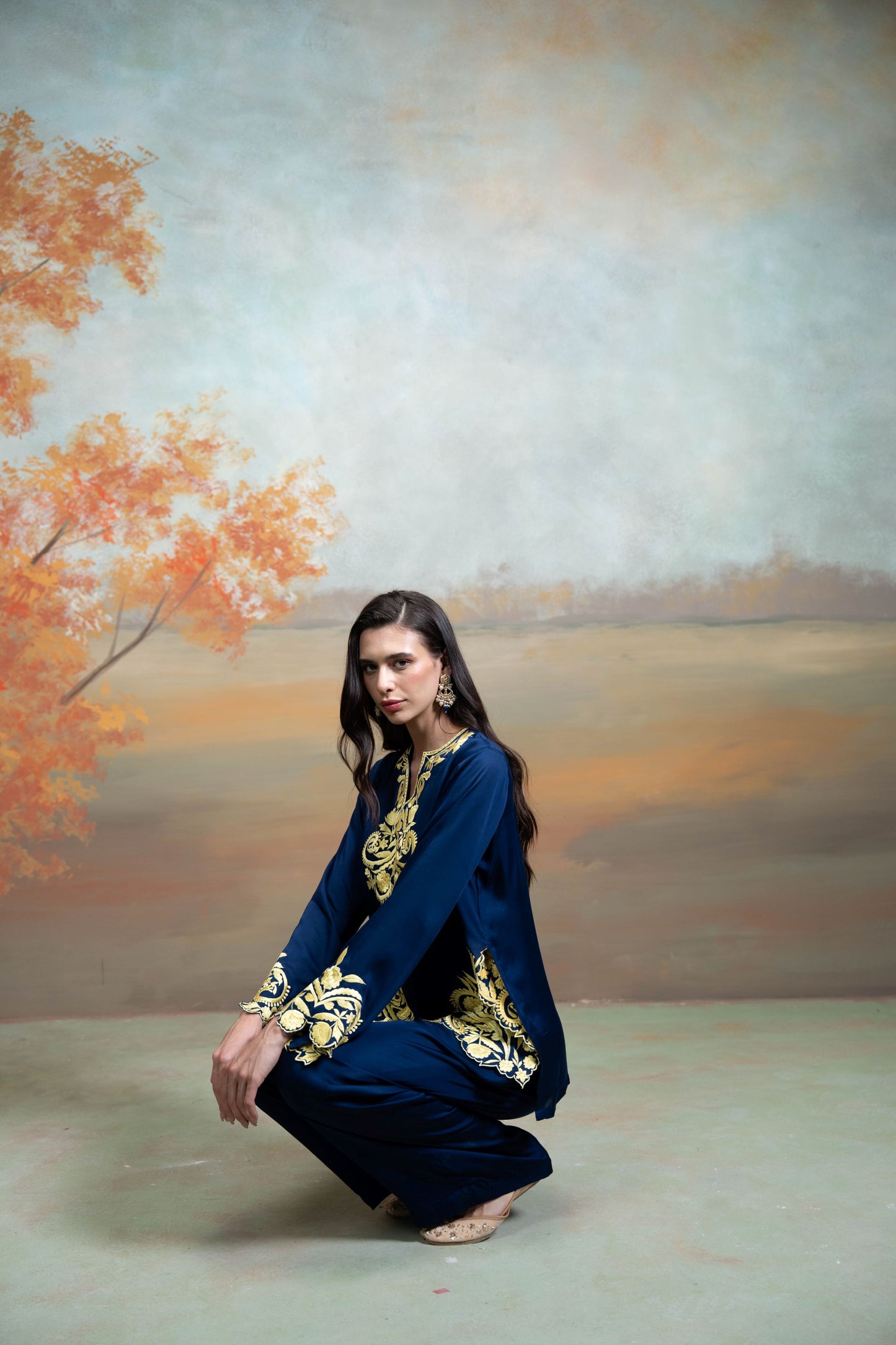 Dark Blue Embroidery Cotton Silk Kurta Set 2 Pcs